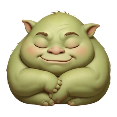 Meme-Worthy Cute Sleeping Ogre Portrait Emoji, with a surprisingly endearing, plump figure in soft earthy greens and browns, head drooping gently with closed, relaxed eyes and a content, sleepy grin, simplified yet adorably detailed, glowing with a soft warm outline that captures the peaceful slumber of a friendly ogre after a day of gentle mischief! sticker
