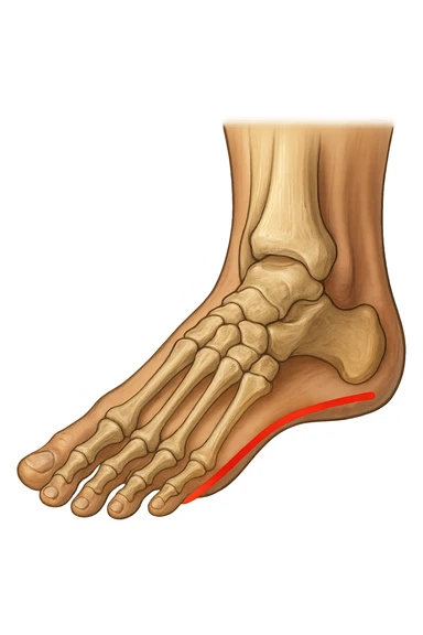 spazio dall'avampiede al tallone umano sottolineato in rosso, fai l'arto umano anatomico realistico con evidenza su quel tratto sticker