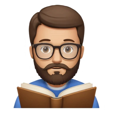 bearded man with glasses studying sticker