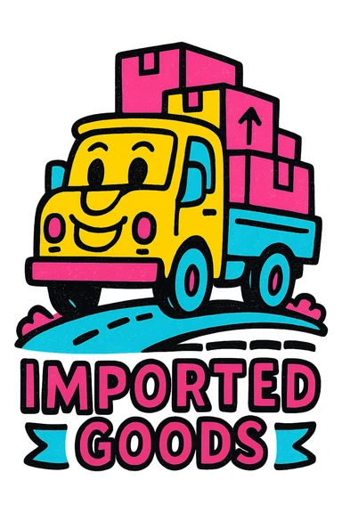 A cheerful icon of a truck driving on a highway with imported goods sticker