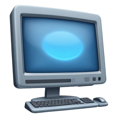 old grey computer monitor with a blue glowy screen, side angle sticker