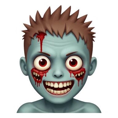 zombie boy with brown short spiky hair, white skin, and white eyes; an open smile, and bloodied teeth; sticker