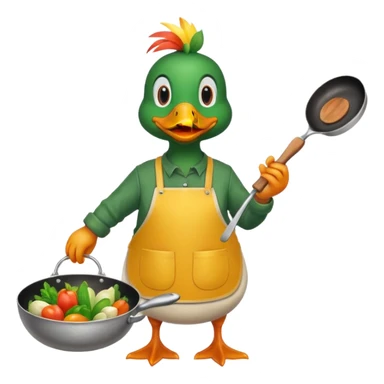 A duck holding a frying pan with vegetables, wearing green apron sticker