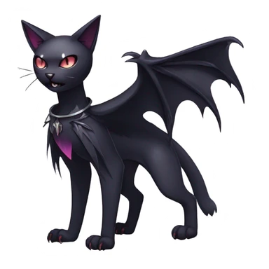   cool edgy beautiful anime-style ethereal dark-punk-themed animal vampiric cat-hybrid Fakemon with fangs and bat-wing-ears with a collar full body sticker