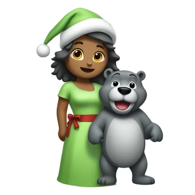 Santa wearing light green dress and hat holding a baloo sticker