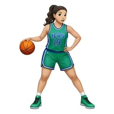 full body plus size light skin latino women basketball player with wavy dark hair in pony tail wide nose wearing green and blue uniform sticker