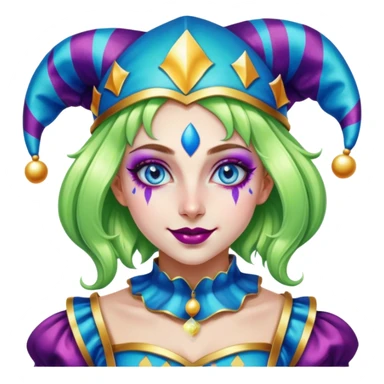 Cinematic chibi style girl in dressed like a Jester, very large glistening blue eyes, Ultra realistic 32k HD, Breathtaking piece of art, rim lighting, hauntingly beautiful art, vibrant colors, Balanced features, highly detailed digital artwork, glowing with silver light, glowing, high shine, deviant adoptable, highly detailed clothing, remembrance, a painting of white silver, fanciful, enchanting, ghostly, embodying the essence of both reality and fantasy, dreamy, dreamy glow, optical illusion, immaculate composition, complex pose, air composition. The image is so lifelike that it feels as though it could leap off the canvas at any moment sticker