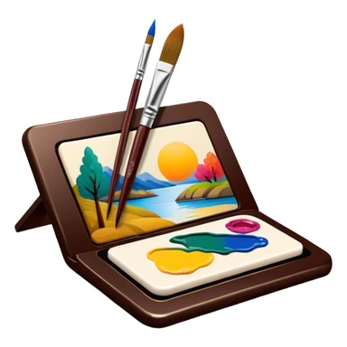 Lacquer miniature making icon, small painted scene in progress on lacquered surface, fine brush strokes, vibrant colors, paintbrush and palette, intricate details, minimalistic style, clean lines, transparent background. sticker