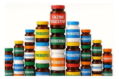 montagna di barattoli di integratori tipo "ENZIMI DIGESTIVI", "PREBIOTICI", "PROBIOTICI", "BERBERINA" con etichette in italiano sticker