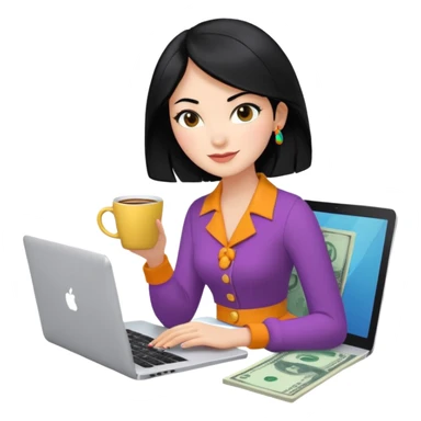  woman character with laptop and coffee in Paris, dollars coming out from the screen floating, colorful chic outfit, white laptop, Pixar style, black hair, fair skin,  sticker