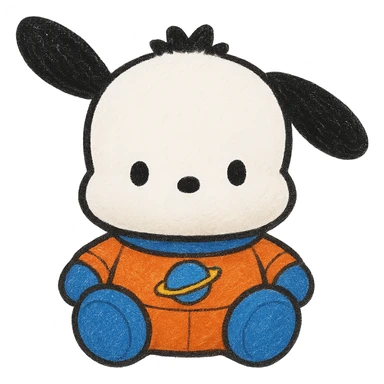 Make Pochacco white with black ears, wearing an orange and blue space suit, keep plushy Popmart doll style, cute and playful, no background. The style should reflect a plushy Popmart doll look, cute and playful. sticker