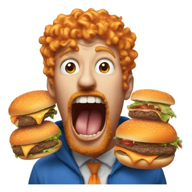 Horrified burger getting eaten by a man with a orange beard orange curly hair and a blue hooding sticker