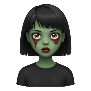 Zombie girl emoji verde escuro com cabelo curto liso preto no ombro e franja na altura da sobrancelha com uma blusa preta, olhos castanhos escuros sticker