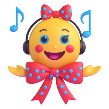 3D smiley emoji, large eyelashes, red polka dot bow, proud, head held high, blue eyes, musical notes sticker