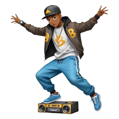 Icon for Street Dance: a dancer in urban streetwear performing a dynamic lower breakdance move, with a spray-painted background and a boombox on the asphalt. The icon should capture the energy, style, and creativity of street dance culture. Transparent background. sticker