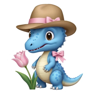 baby blue dinosaur holding white tulips with a small light brown hat on and a pink bow on his neck  sticker