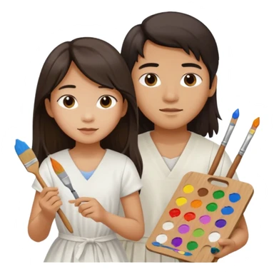 Asian boy with long hair  and girl painters sticker