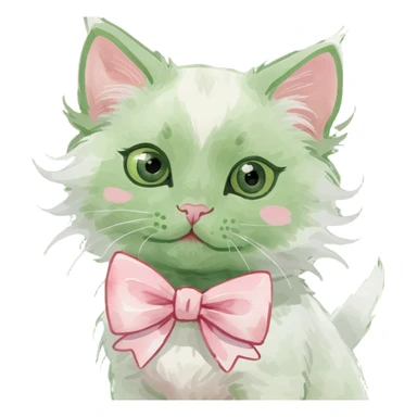 cute fluffy white kitten with a light pink bow, watercolor art style sticker
