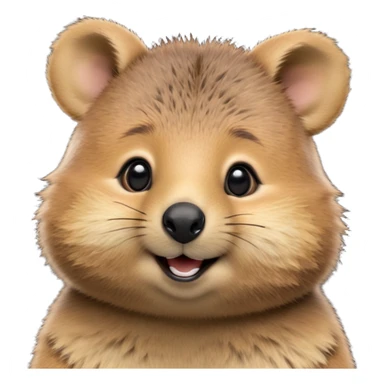 cinematic-realistic quokka-emoji,-small-round-frame, head tilted in an endearing manner, comical smile, round cheeks, giant-fluffy-cheeks-large-smile-fluffy-brown-fur-radiating-a-warm-softness,-big-round-eyes-filled-with-joy, realistic round  fluffy zoomed in, large black eyes one paw raised  sticker
