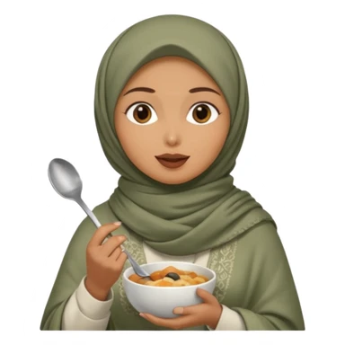 a woman wearing a pashmina hijab is eating while holding a spoon sticker