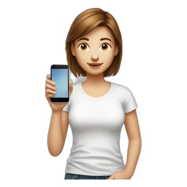 young fair brown hair girl with smartphone and white T-shirt sticker