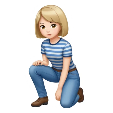 girl with short bob haircut in jeans and striped shirt kneeling on the ground seen from behind sticker