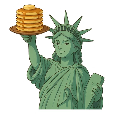 Statue of Liberty holding a stack of pancakes in ghibli style sticker