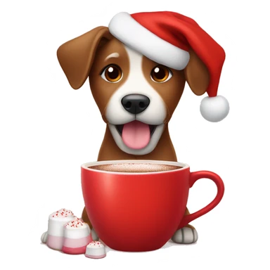 A cute brown dog drinking a hot chocolate with marshmallow and wearing red Christmas hat sticker