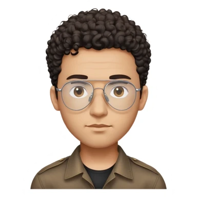 Man with small face and prominent forehead, teardrop-shaped aviator glasses, very minimal dark curly hair on top with completely shaved sides, light brown complexion, gentle expression, black button-up shirt sticker