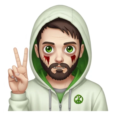 zombie making peace sign, undercut hairstyle with dark brown hair, short full beard, heterochromia with one green eye and one brown eye, wearing plain white hoodie with hood up sticker