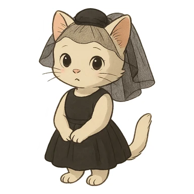 ghibli style white kitten wearing a black mini dress and black veil sticker