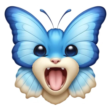 Cinematic Realistic Cute Yawning Blue Butterfly Portrait Emoji, Head tilted slightly with a dramatic, wide-open yawn, showcasing soft, downy sapphire wings with delicate, natural droop and half-closed, drowsy eyes rendered in exquisite detail, high shine, relaxed yet expressive, styled with a dash of subtle garden charm, soft glowing outline, capturing the essence of a sleepy yet affectionate blue butterfly that appears ready to rest its wings in quiet, enchanted slumber! sticker