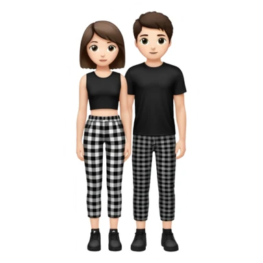 white girl with short brunette hair and eyelashes a little long with a black crop top and black and white plaque pants on top of a white boy with brunnete fluffy hair and long black shirt on and black and white plaque pants. sticker