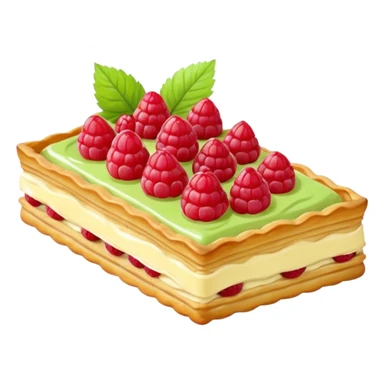 rectangular puff pastry tart, golden brown flaky with visible pastry layers. add on top piped rows of pale green cream custard and red raspberries arranged in a line sticker