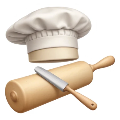 Cinematic Realistic Chef Hat & Rolling Pin, crisp white cotton hat with soft folds, resting beside a classic wooden rolling pin with smooth, polished curves, a light dusting of flour adding authenticity, warm kitchen lighting casting gentle shadows, glowing with a cozy and inviting charm. sticker