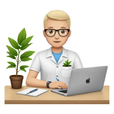 Create an emoji of a professional agronomist in an online video call. Sitting at a desk with a laptop, wearing a shirt and glasses, friendly and confident expression, with a small healthy plant on the desk, minimal flat design, bright colors, vector style, white background. sticker
