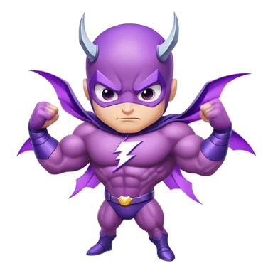 cute purple insect superhero with determined confident eyes, bulging biceps and muscles, electric lightning extending from arms, and a cool smirking expression sticker