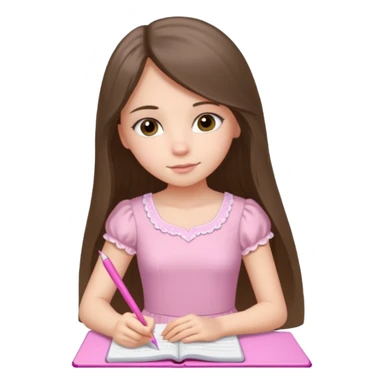 pretty white brunette teen long hair with hazel eyes in a light pink dress writing in a notebook with a pink pen sticker