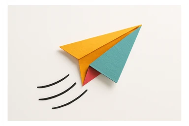 a paper airplane flying with motion lines, simple, dynamic, white background sticker
