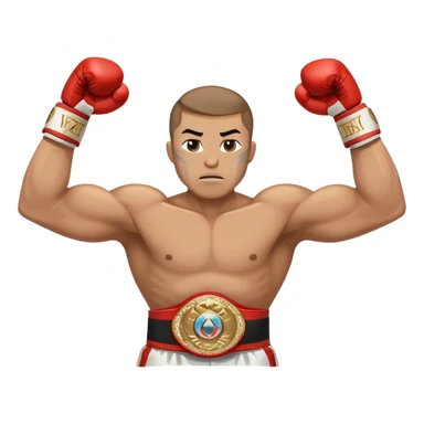 Boxing champion with arms raised in victory, wearing multiple championship belts around waist, determined expression, white hand wraps, muscular cartoon body sticker