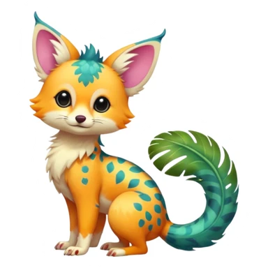 Feral Rare Fantasy vibrant colorful tropical cute, kawaii, cool, ed Vernid-Trico-species by LiLaiRa, random markings, tufted tail, tufted ears, full body, cheek markings sticker