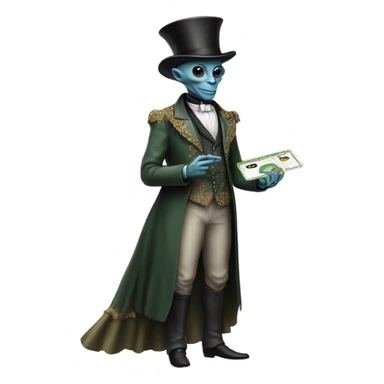alien galora in Victorian dress elegant, full body, holding big credit card sticker