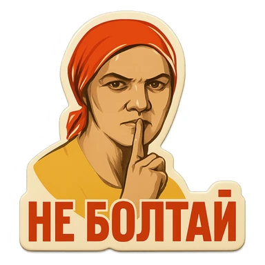 emoji of woman in 1940s Soviet attire, finger to lips shush gesture, 'не болтай' in classic propaganda poster font sticker