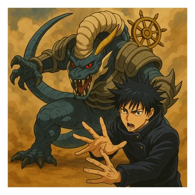 Add Megumi Fushiguro in a summoning pose next to Mahoraga in a dynamic anime style, keeping a detailed look with both characters visible. sticker