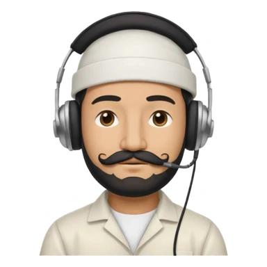 Half body man wearing white topi, lapray, black beard and moustache, headphones, eyes closed, realistic emoji style. sticker