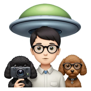 A little boy with straight black medium-length hair, white skin, and black eyes wearing black-framed glasses is taking photos on a UFO with a camera. Beside him, there is an alien and a brown round-headed poodle. sticker