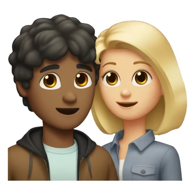 a guy with dark hair and a girl with blond hair and a bob and between them a little black Spitz sticker