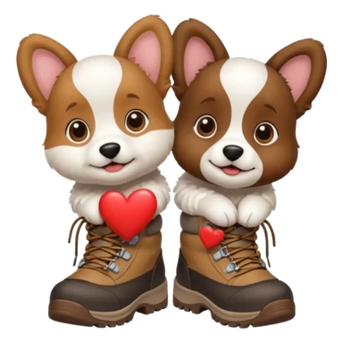2 puppies hiking with hiking boots on all 4 paws and a heart  sticker