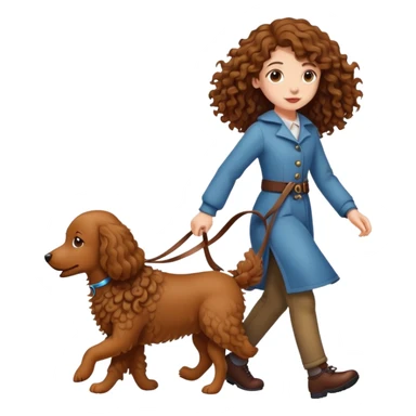 A long-haired girl walking a brown curly dog sticker