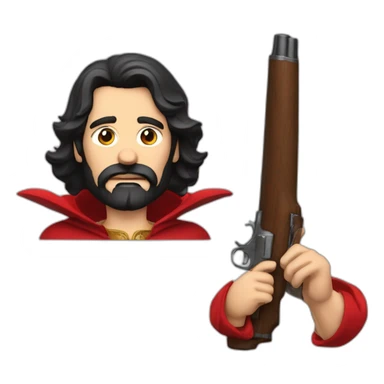 dark-haired bearded man drunk with a big shotgun a cigar and a red cape sticker